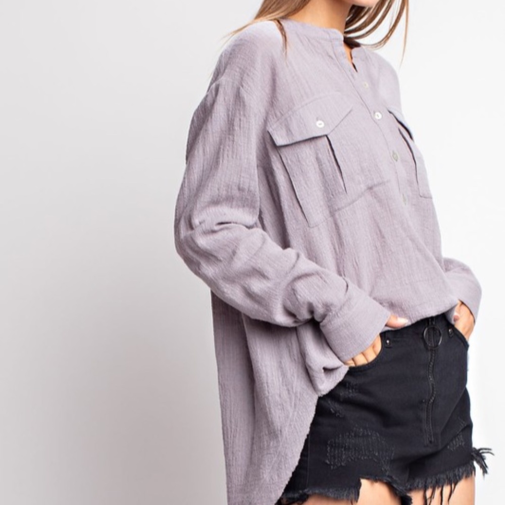 Button Front High Low Flap Pocket Top
